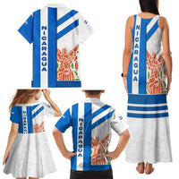 Nicaragua Cultural Art Family Matching Tank Maxi Dress and Hawaiian Shirt with Blue White Stripes and Indigenous Motif Design - Wonder Print Shop
