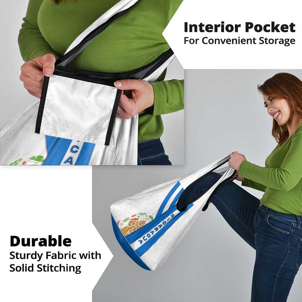 Nicaragua Cultural Art Grocery Bag with Blue White Stripes and Indigenous Motif Design - Wonder Print Shop