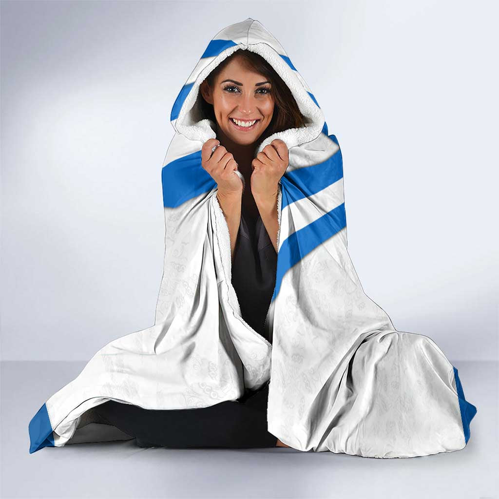 Nicaragua Cultural Art Hooded Blanket with Blue White Stripes and Indigenous Motif Design - Wonder Print Shop