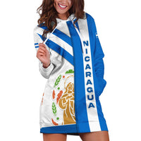 Nicaragua Cultural Art Hoodie Dress with Blue White Stripes and Indigenous Motif Design - Wonder Print Shop