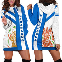 Nicaragua Cultural Art Hoodie Dress with Blue White Stripes and Indigenous Motif Design - Wonder Print Shop