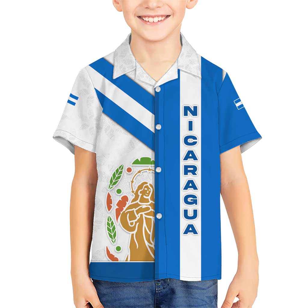 Nicaragua Cultural Art Kid Hawaiian Shirt with Blue White Stripes and Indigenous Motif Design - Wonder Print Shop