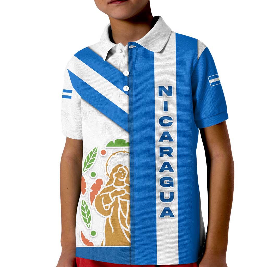 Nicaragua Cultural Art Kid Polo Shirt with Blue White Stripes and Indigenous Motif Design - Wonder Print Shop