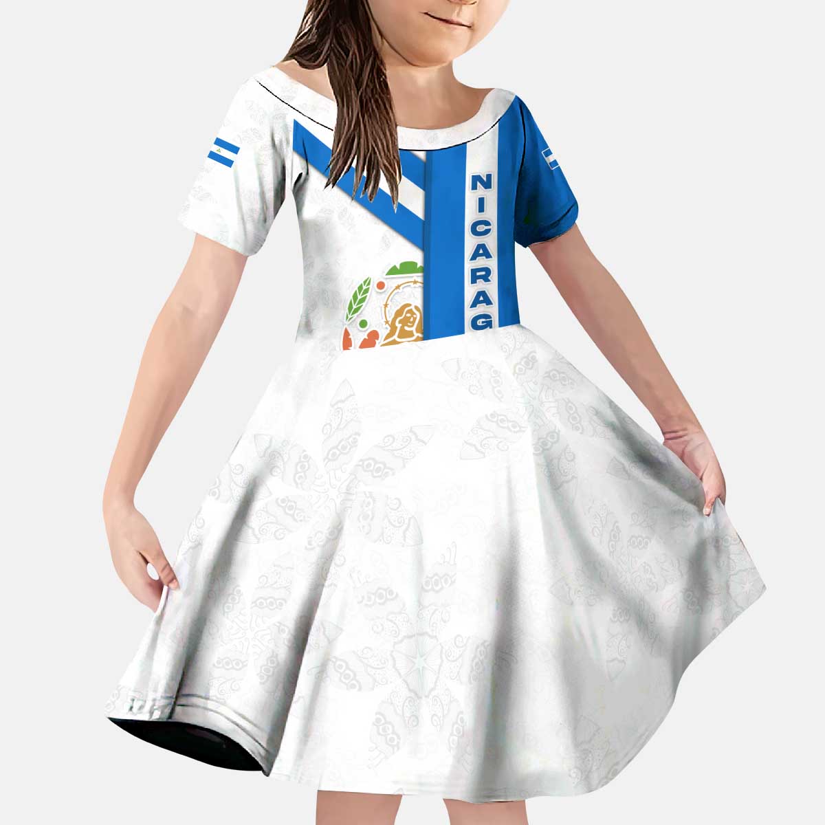 Nicaragua Cultural Art Kid Short Sleeve Dress with Blue White Stripes and Indigenous Motif Design - Wonder Print Shop