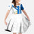 Nicaragua Cultural Art Kid Short Sleeve Dress with Blue White Stripes and Indigenous Motif Design - Wonder Print Shop