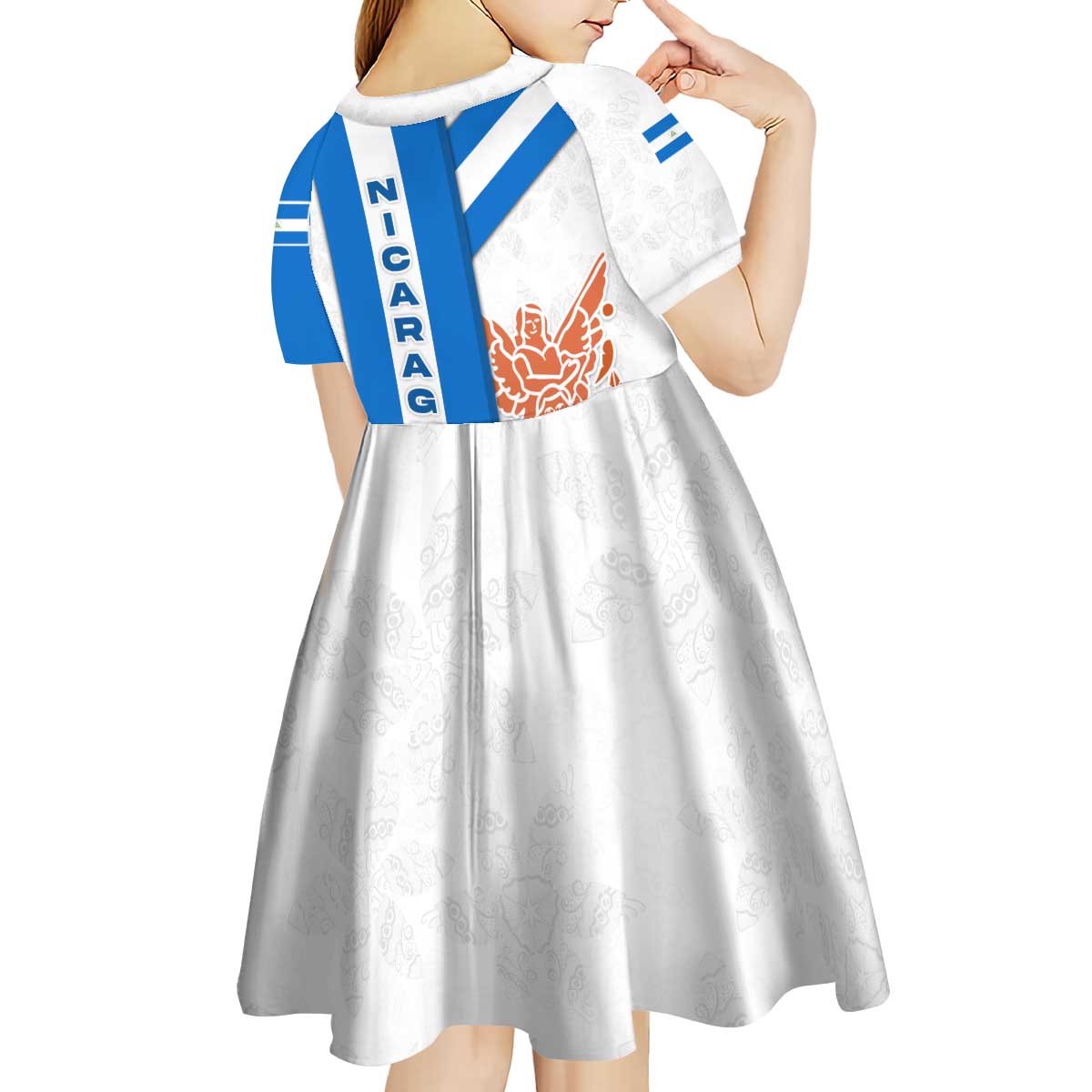 Nicaragua Cultural Art Kid Short Sleeve Dress with Blue White Stripes and Indigenous Motif Design - Wonder Print Shop