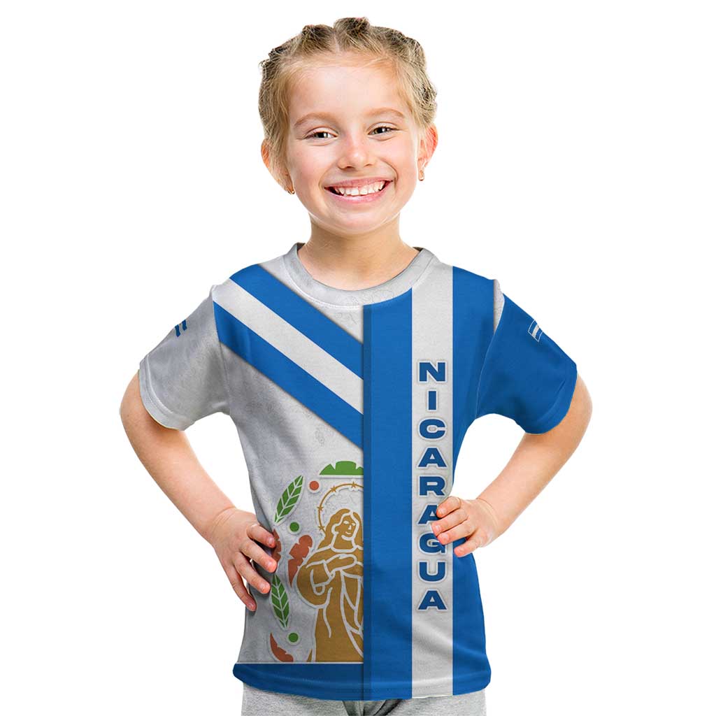 Nicaragua Cultural Art Kid T Shirt with Blue White Stripes and Indigenous Motif Design - Wonder Print Shop