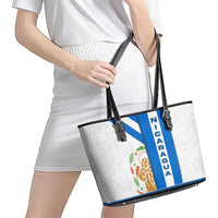 Nicaragua Cultural Art Leather Tote Bag with Blue White Stripes and Indigenous Motif Design - Wonder Print Shop