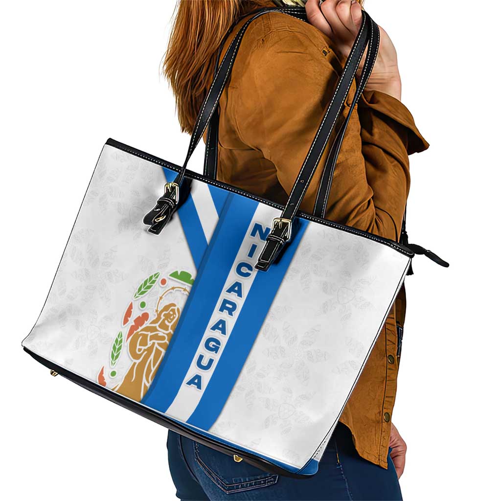 Nicaragua Cultural Art Leather Tote Bag with Blue White Stripes and Indigenous Motif Design - Wonder Print Shop