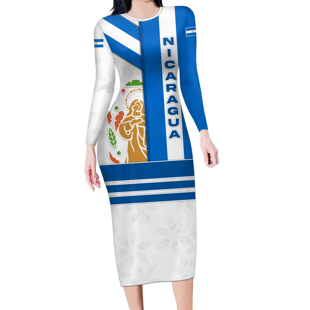 Nicaragua Cultural Art Long Sleeve Bodycon Dress with Blue White Stripes and Indigenous Motif Design - Wonder Print Shop