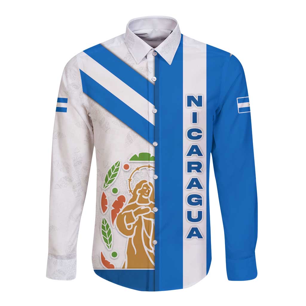 Nicaragua Cultural Art Long Sleeve Button Shirt with Blue White Stripes and Indigenous Motif Design - Wonder Print Shop