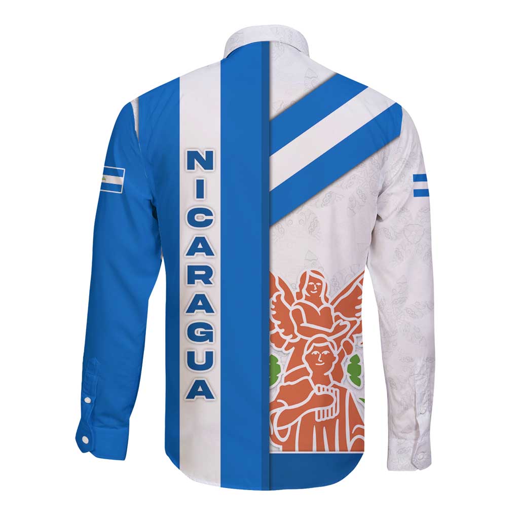 Nicaragua Cultural Art Long Sleeve Button Shirt with Blue White Stripes and Indigenous Motif Design - Wonder Print Shop
