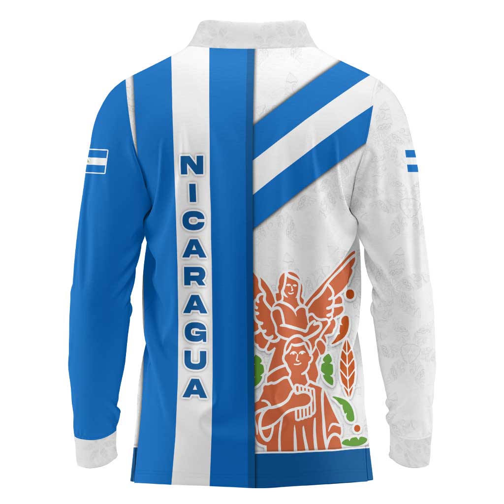Nicaragua Cultural Art Long Sleeve Polo Shirt with Blue White Stripes and Indigenous Motif Design - Wonder Print Shop