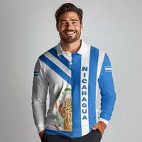 Nicaragua Cultural Art Long Sleeve Polo Shirt with Blue White Stripes and Indigenous Motif Design - Wonder Print Shop