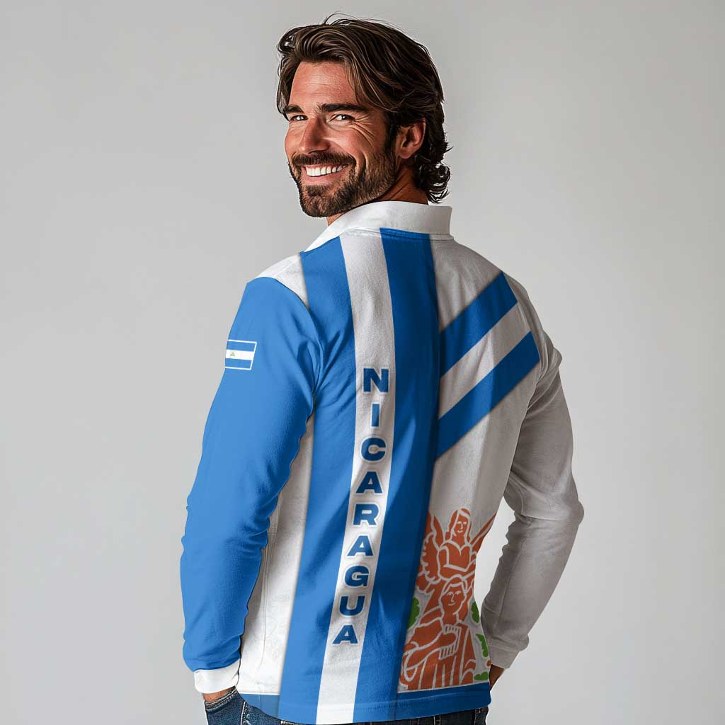 Nicaragua Cultural Art Long Sleeve Polo Shirt with Blue White Stripes and Indigenous Motif Design - Wonder Print Shop