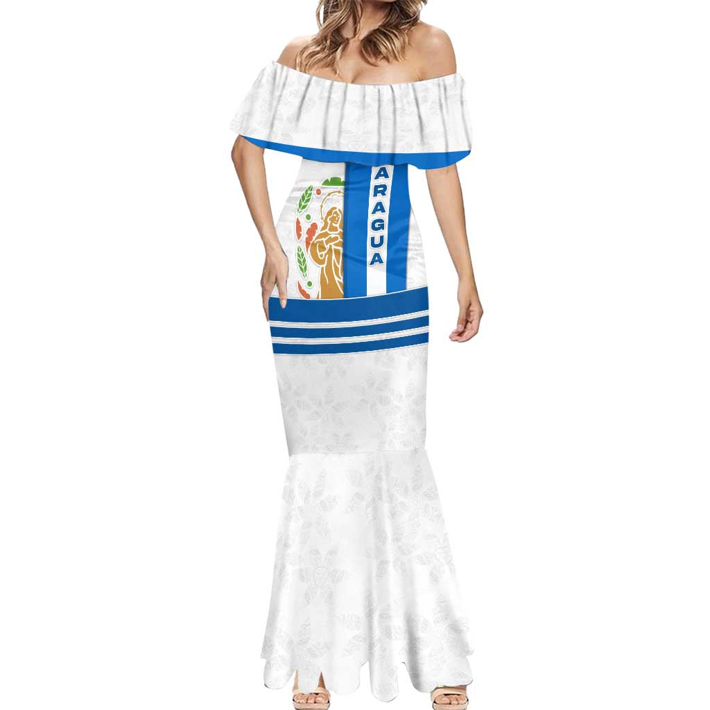 Nicaragua Cultural Art Mermaid Dress with Blue White Stripes and Indigenous Motif Design - Wonder Print Shop