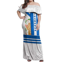 Nicaragua Cultural Art Off Shoulder Maxi Dress with Blue White Stripes and Indigenous Motif Design - Wonder Print Shop