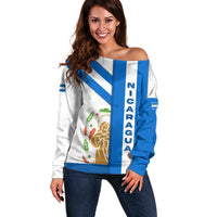 Nicaragua Cultural Art Off Shoulder Sweater with Blue White Stripes and Indigenous Motif Design - Wonder Print Shop
