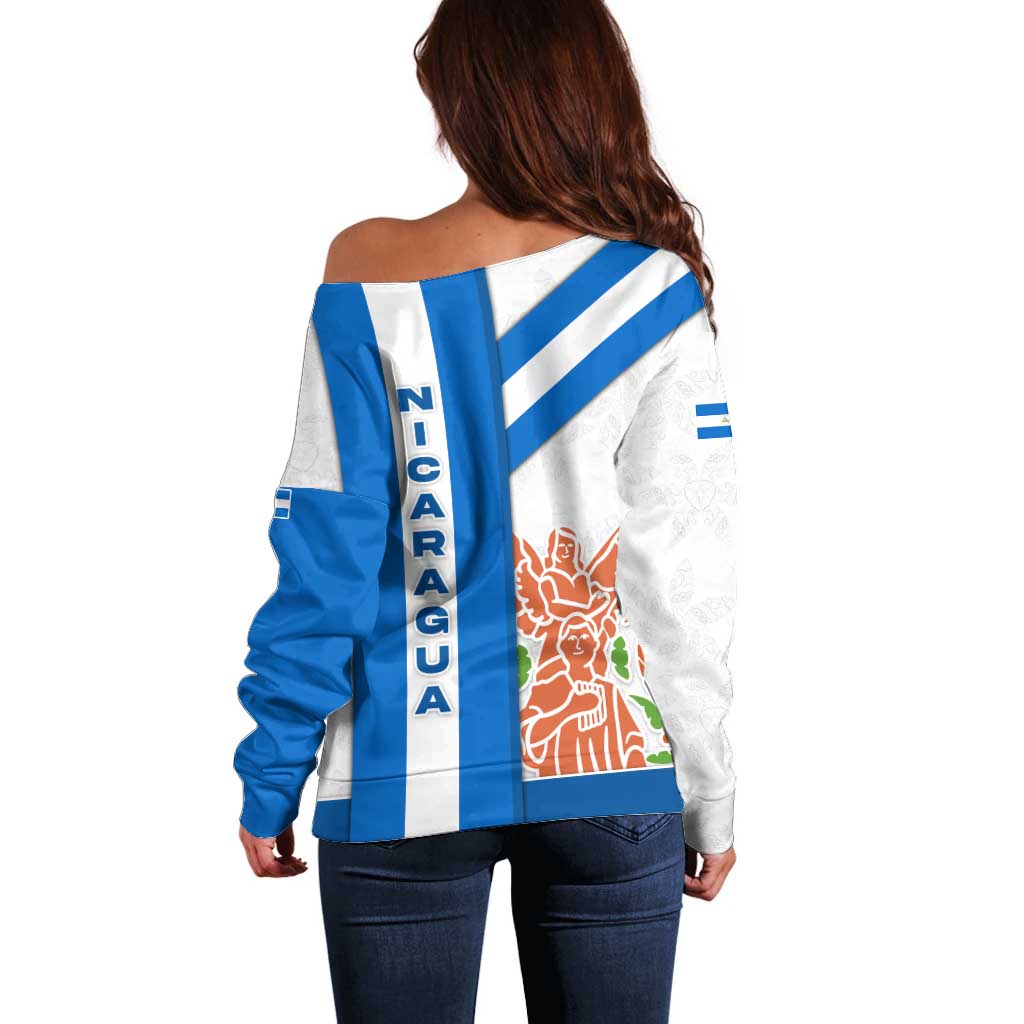 Nicaragua Cultural Art Off Shoulder Sweater with Blue White Stripes and Indigenous Motif Design - Wonder Print Shop