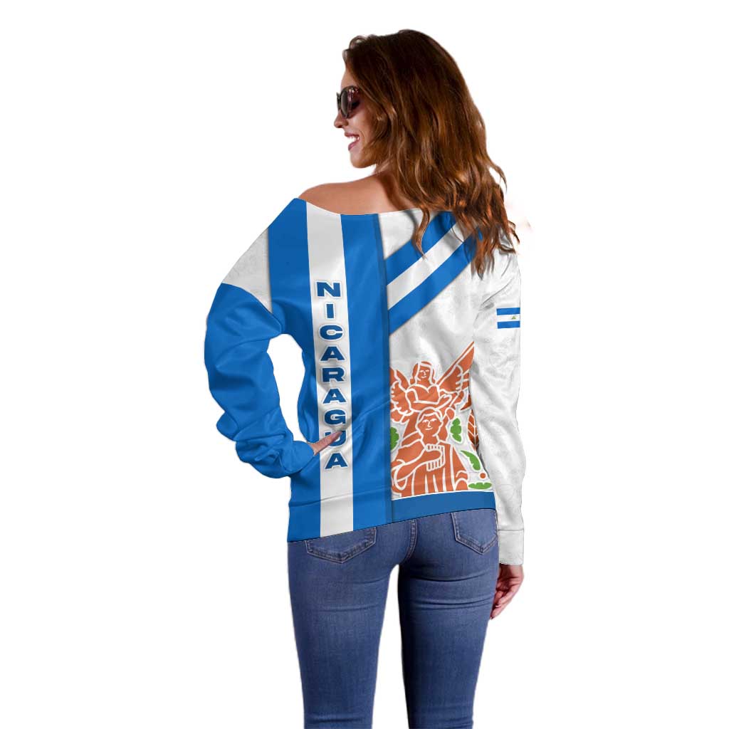 Nicaragua Cultural Art Off Shoulder Sweater with Blue White Stripes and Indigenous Motif Design - Wonder Print Shop