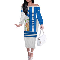 Nicaragua Cultural Art Off The Shoulder Long Sleeve Dress with Blue White Stripes and Indigenous Motif Design - Wonder Print Shop