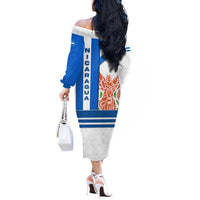 Nicaragua Cultural Art Off The Shoulder Long Sleeve Dress with Blue White Stripes and Indigenous Motif Design - Wonder Print Shop