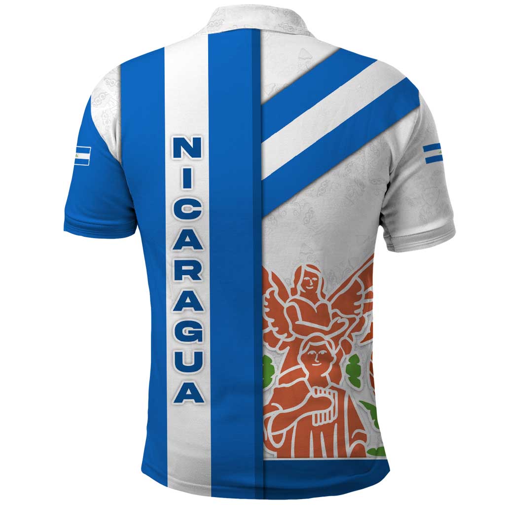Nicaragua Cultural Art Polo Shirt with Blue White Stripes and Indigenous Motif Design - Wonder Print Shop