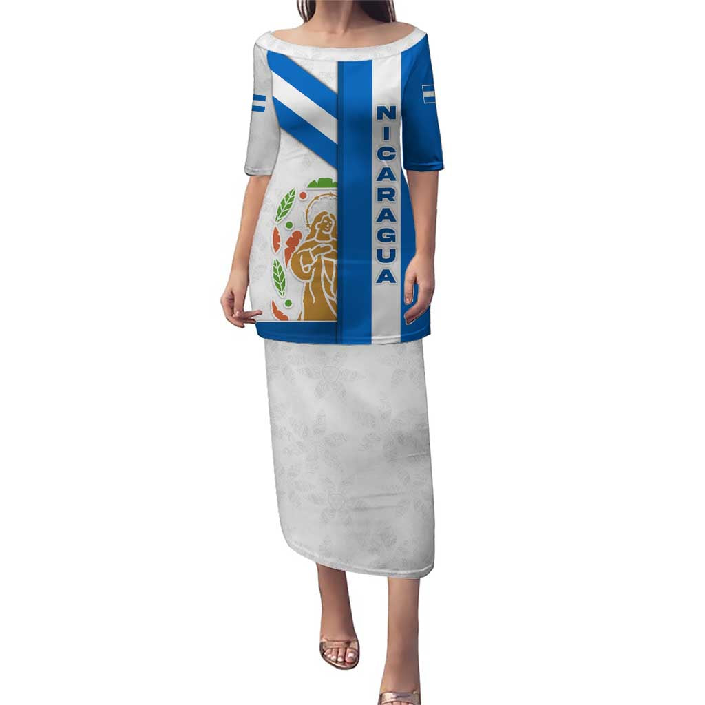 Nicaragua Cultural Art Puletasi with Blue White Stripes and Indigenous Motif Design - Wonder Print Shop