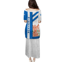Nicaragua Cultural Art Puletasi with Blue White Stripes and Indigenous Motif Design - Wonder Print Shop