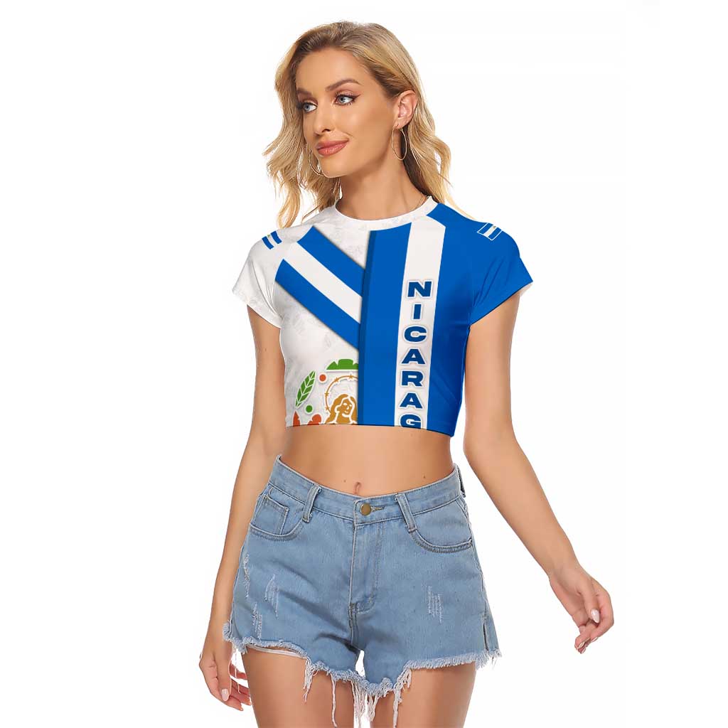 Nicaragua Cultural Art Raglan Cropped T Shirt with Blue White Stripes and Indigenous Motif Design - Wonder Print Shop