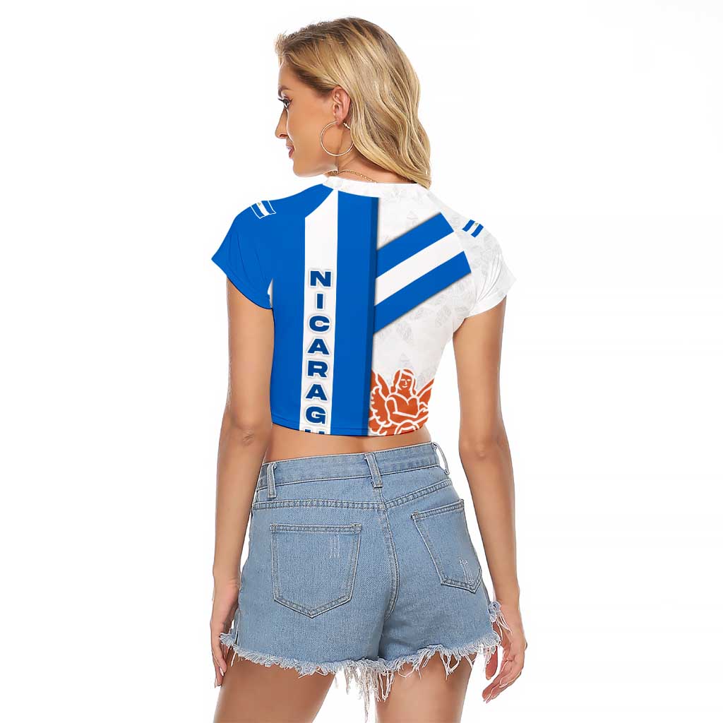 Nicaragua Cultural Art Raglan Cropped T Shirt with Blue White Stripes and Indigenous Motif Design - Wonder Print Shop