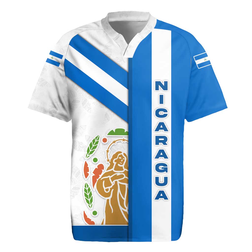 Nicaragua Cultural Art Rugby Jersey with Blue White Stripes and Indigenous Motif Design - Wonder Print Shop