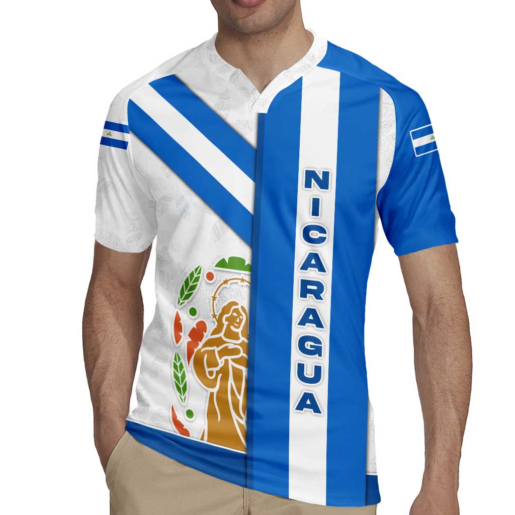 Nicaragua Cultural Art Rugby Jersey with Blue White Stripes and Indigenous Motif Design - Wonder Print Shop