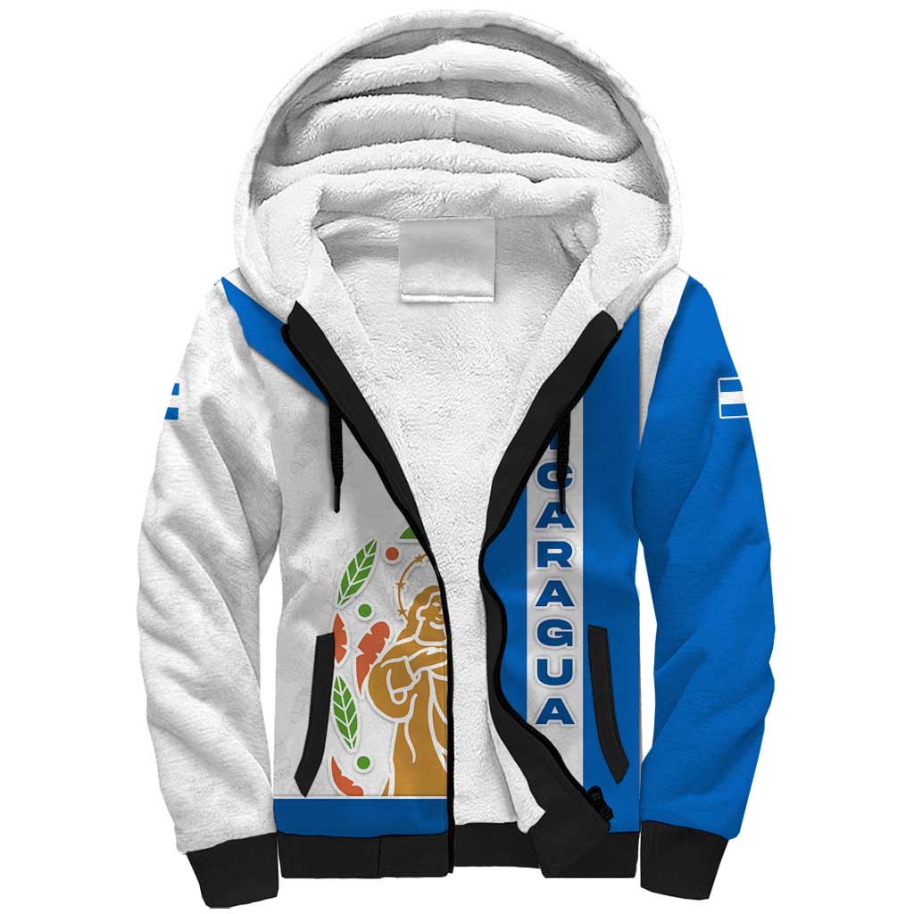 Nicaragua Cultural Art Sherpa Hoodie with Blue White Stripes and Indigenous Motif Design - Wonder Print Shop