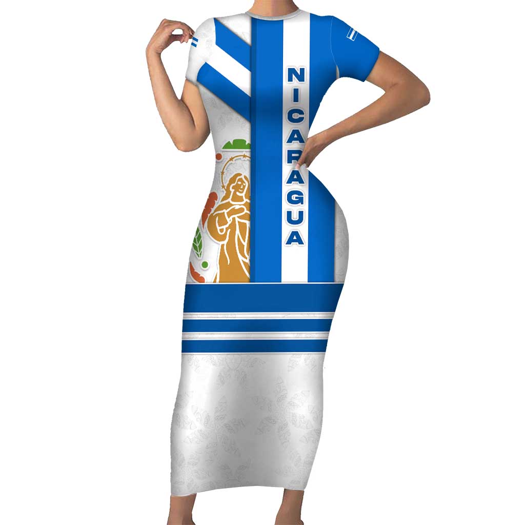 Nicaragua Cultural Art Short Sleeve Bodycon Dress with Blue White Stripes and Indigenous Motif Design - Wonder Print Shop