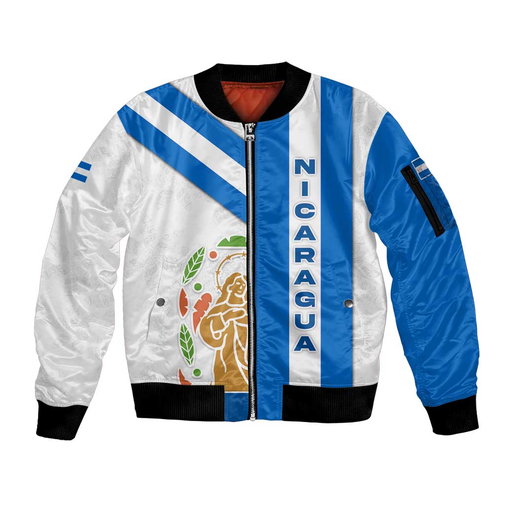 Nicaragua Cultural Art Sleeve Zip Bomber Jacket with Blue White Stripes and Indigenous Motif Design - Wonder Print Shop