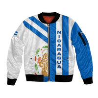 Nicaragua Cultural Art Sleeve Zip Bomber Jacket with Blue White Stripes and Indigenous Motif Design - Wonder Print Shop