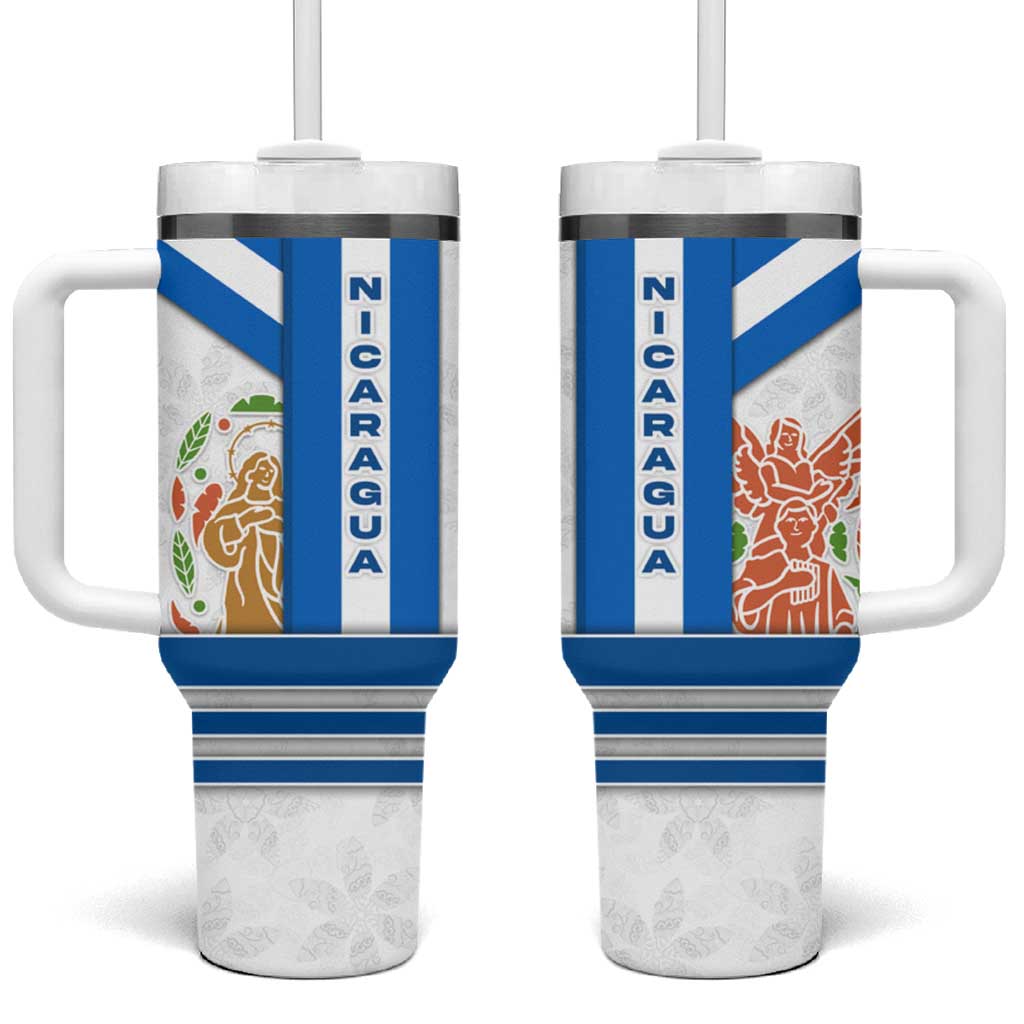 Nicaragua Cultural Art Tumbler With Handle with Blue White Stripes and Indigenous Motif Design - Wonder Print Shop