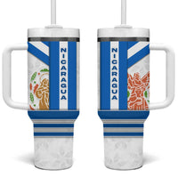 Nicaragua Cultural Art Tumbler With Handle with Blue White Stripes and Indigenous Motif Design - Wonder Print Shop