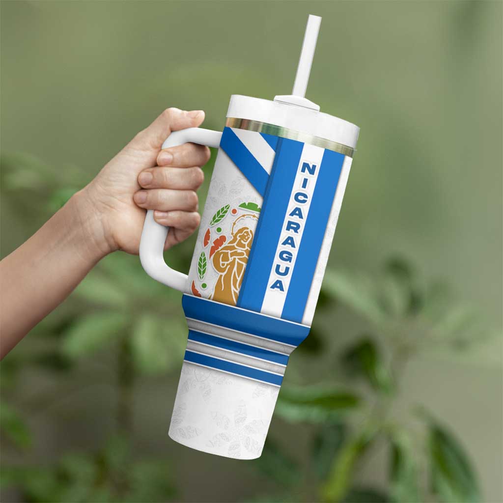 Nicaragua Cultural Art Tumbler With Handle with Blue White Stripes and Indigenous Motif Design - Wonder Print Shop
