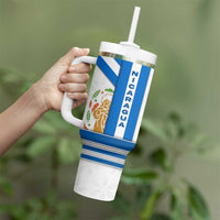 Nicaragua Cultural Art Tumbler With Handle with Blue White Stripes and Indigenous Motif Design - Wonder Print Shop