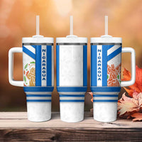 Nicaragua Cultural Art Tumbler With Handle with Blue White Stripes and Indigenous Motif Design - Wonder Print Shop