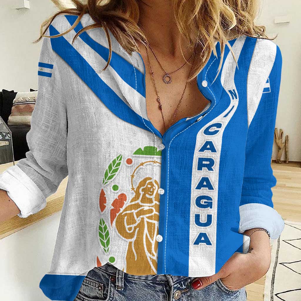 Nicaragua Cultural Art Women Casual Shirt with Blue White Stripes and Indigenous Motif Design - Wonder Print Shop