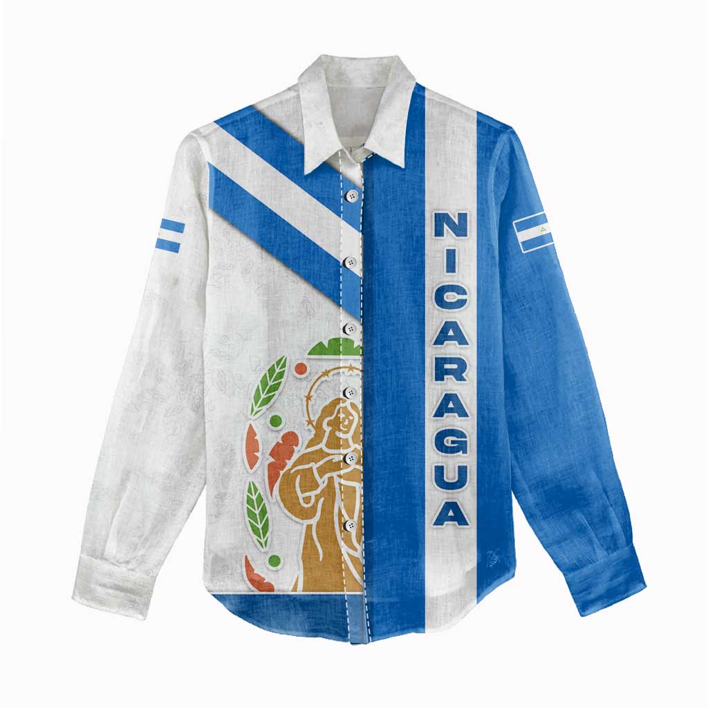 Nicaragua Cultural Art Women Casual Shirt with Blue White Stripes and Indigenous Motif Design - Wonder Print Shop