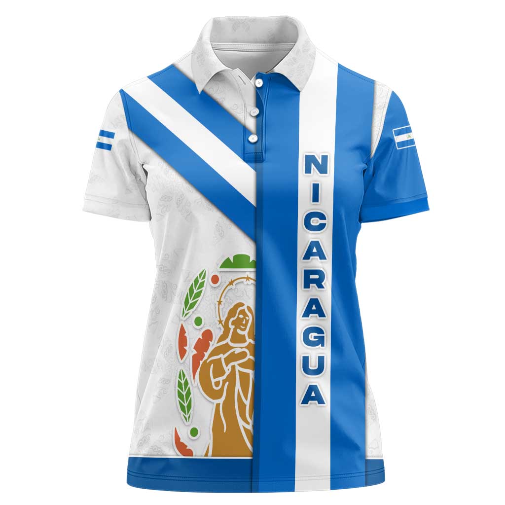 Nicaragua Cultural Art Women Polo Shirt with Blue White Stripes and Indigenous Motif Design - Wonder Print Shop