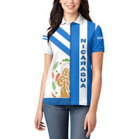 Nicaragua Cultural Art Women Polo Shirt with Blue White Stripes and Indigenous Motif Design - Wonder Print Shop