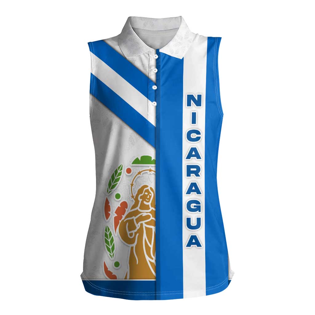 Nicaragua Cultural Art Women Sleeveless Polo Shirt with Blue White Stripes and Indigenous Motif Design - Wonder Print Shop