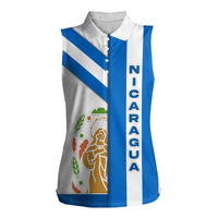 Nicaragua Cultural Art Women Sleeveless Polo Shirt with Blue White Stripes and Indigenous Motif Design - Wonder Print Shop