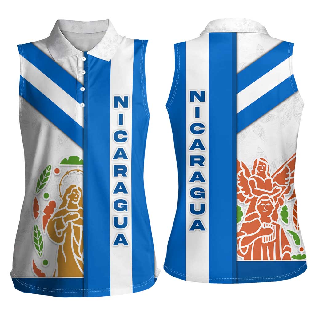 Nicaragua Cultural Art Women Sleeveless Polo Shirt with Blue White Stripes and Indigenous Motif Design - Wonder Print Shop