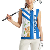 Nicaragua Cultural Art Women Sleeveless Polo Shirt with Blue White Stripes and Indigenous Motif Design - Wonder Print Shop